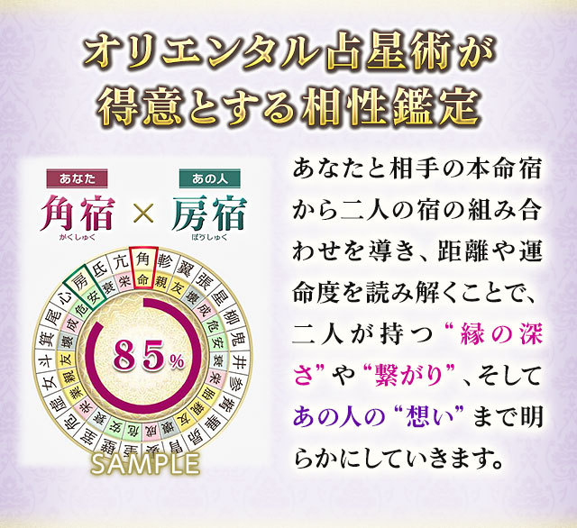 オリエンタル占星術が得意とする相性鑑定　あなたの本命宿から二人の宿の組み合わせを導き、距離や運命度を読み解くことで、二人が持つ“縁の深さ”や“繋がり”、そしてあの人の“想い”まで明らかにしていきます。